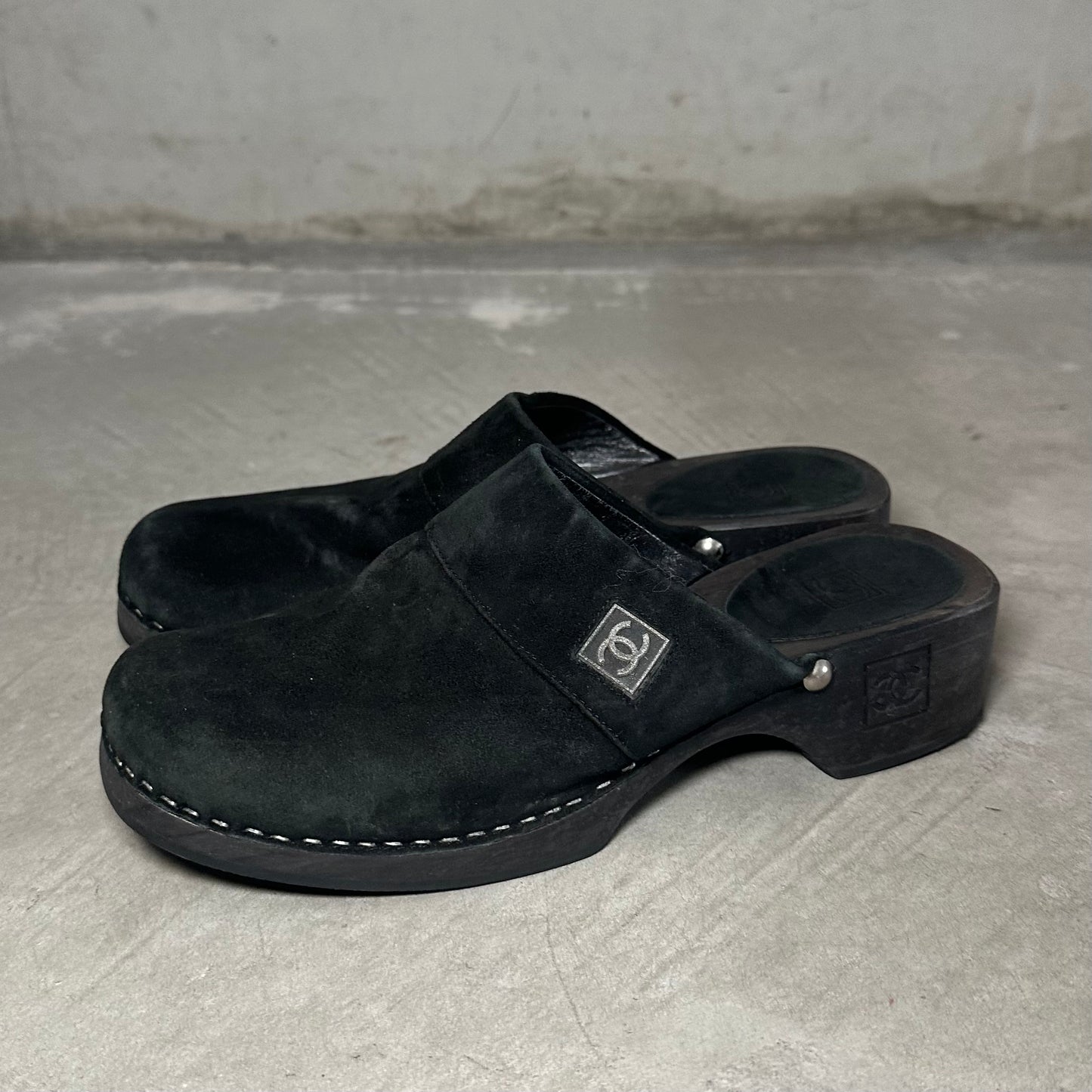 Chanel Black Suede Clogs (37)