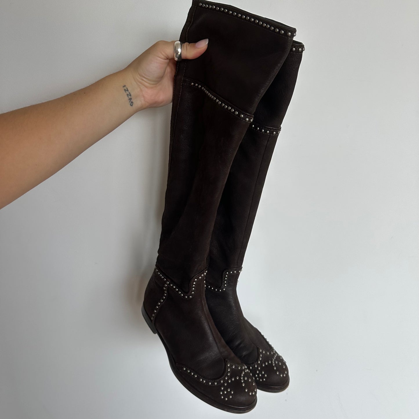 Miu Miu Brown Leather Studded Boots (37)