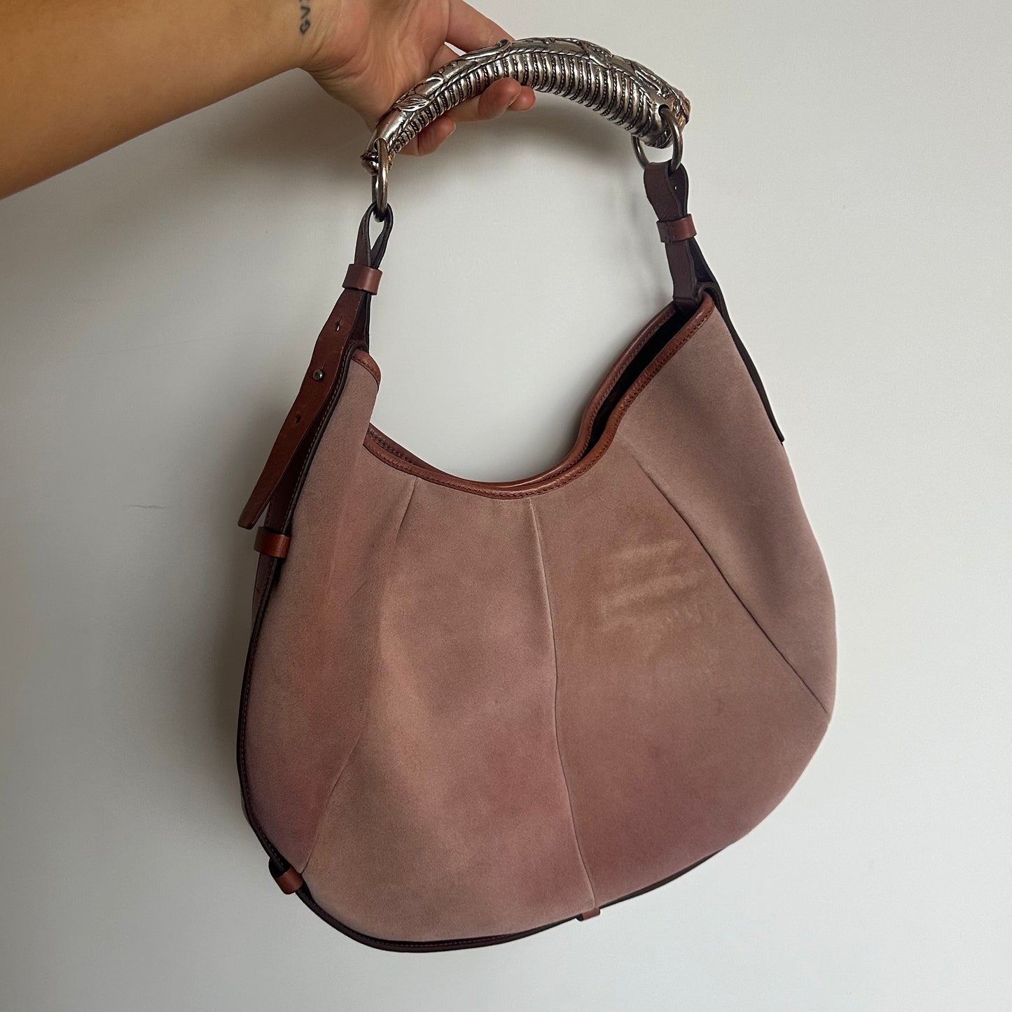 YSL Rare Pink Suede Mombasa with Silver Horn Handle