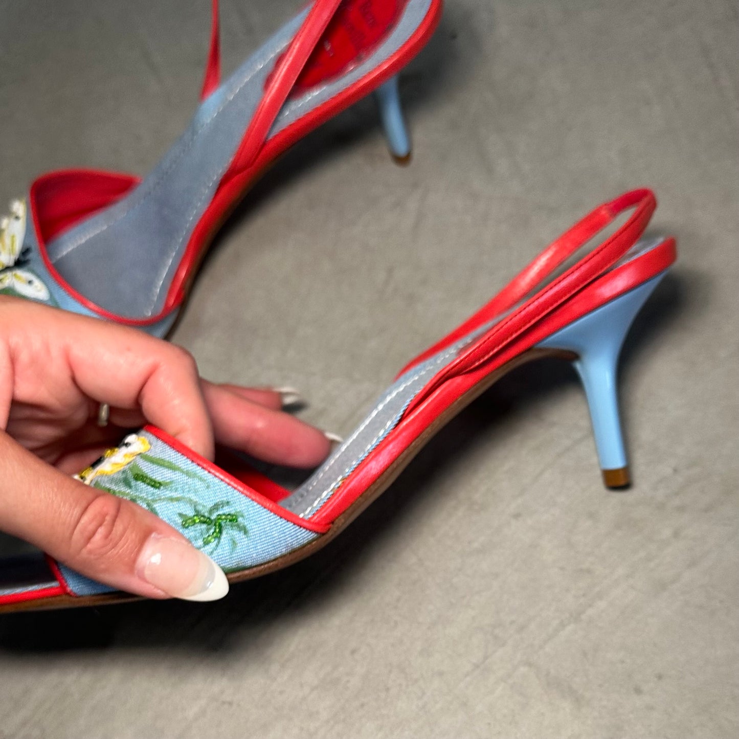Rene Caovilla Denim Kitten Heels with Butterfly Detail (38.5)