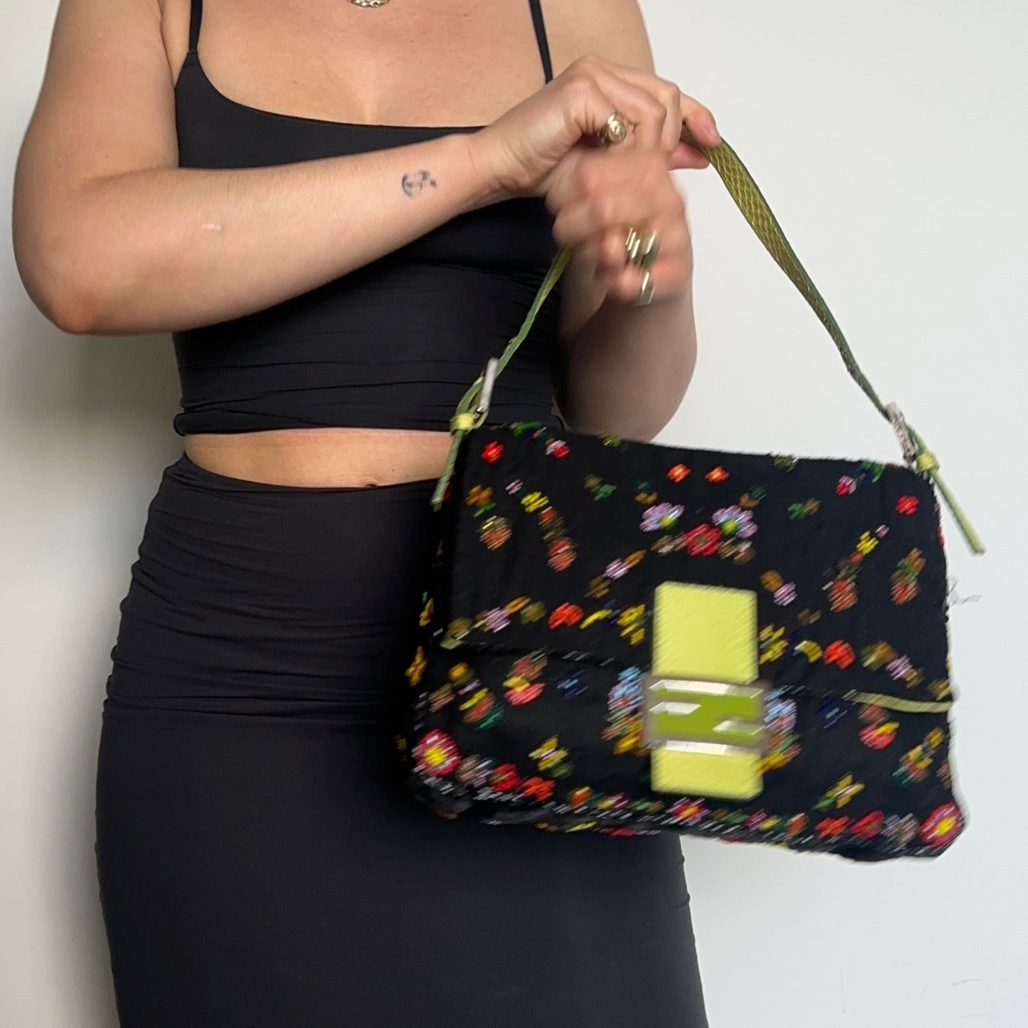Fendi Floral Mamma Denim Beaded Baguette