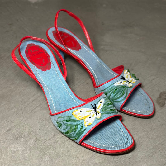 Rene Caovilla Denim Kitten Heels with Butterfly Detail (38.5)
