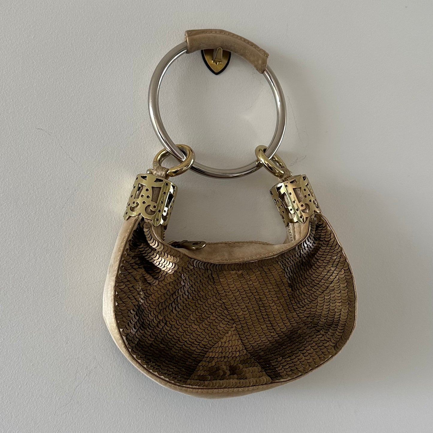 Chloe Mini Gold Sequin and Silk Bracelet Bag