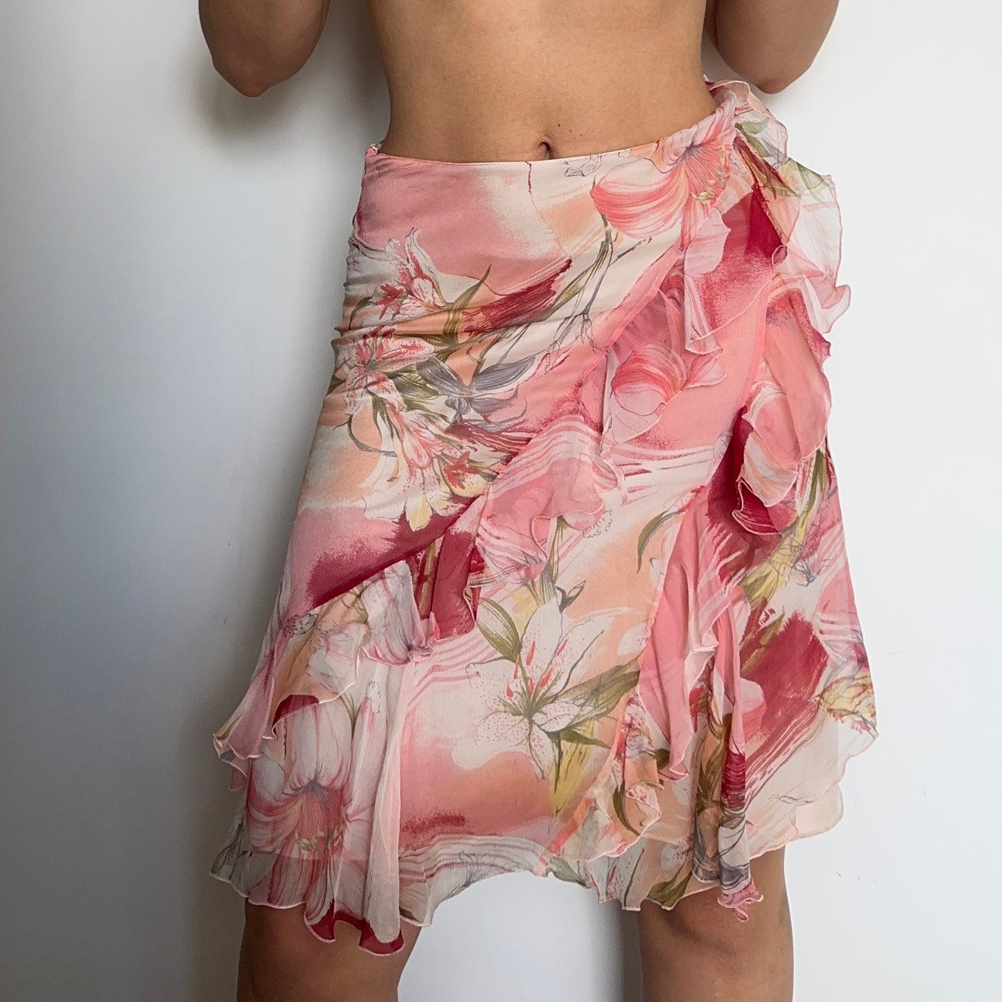 Blumarine 90’s Floral Silk Ruffle Skirt