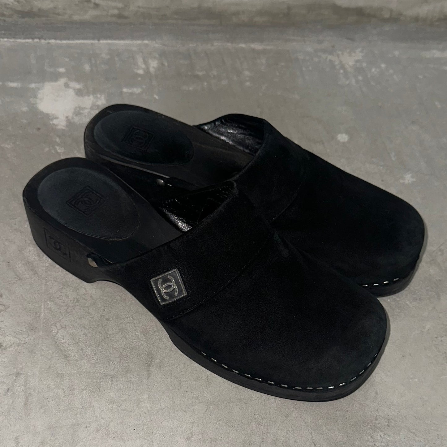 Chanel Black Suede Clogs (38)