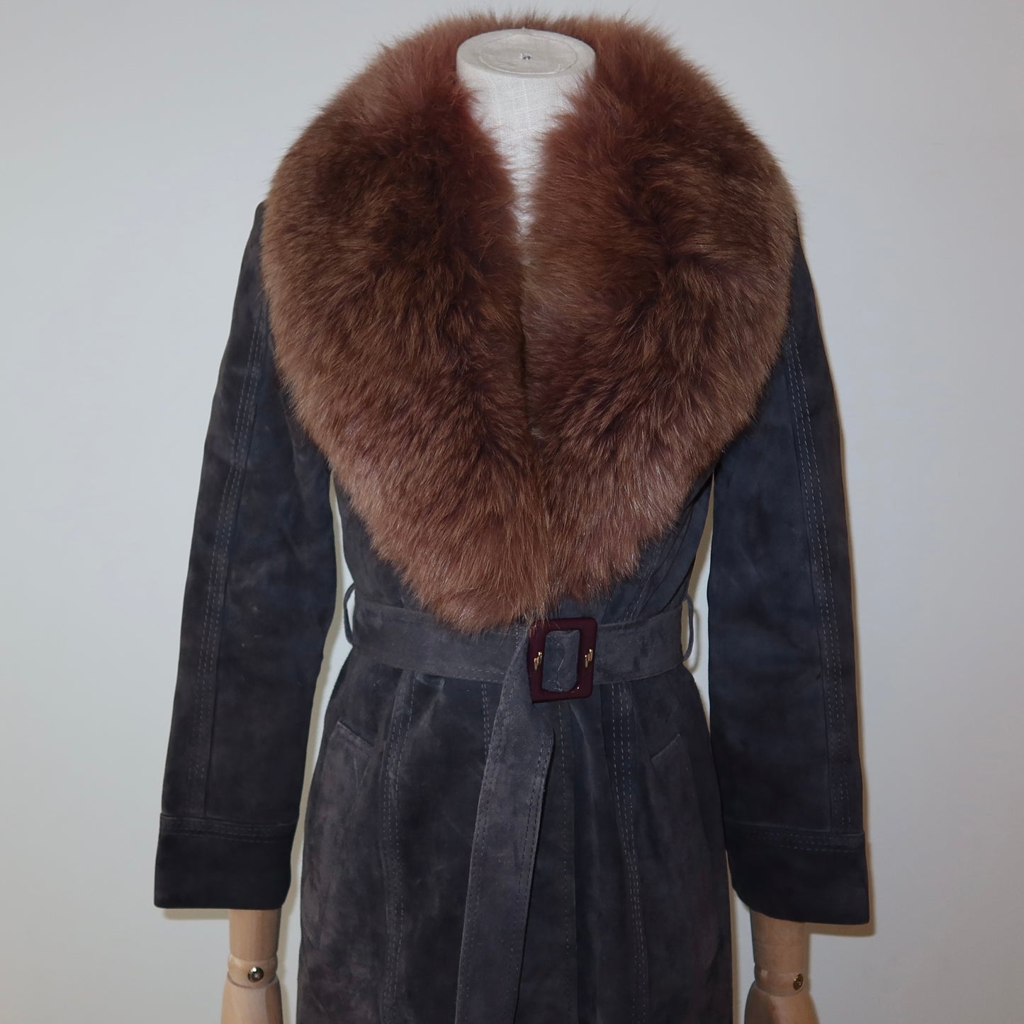 Vintage Suede Trench with Real Fur Collar