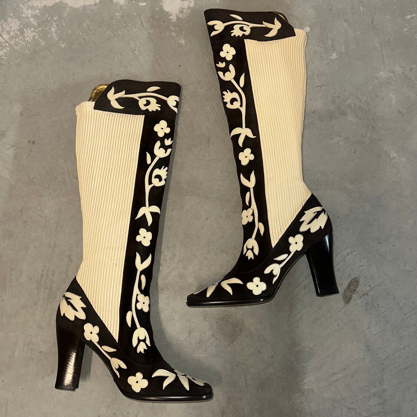 Dolce & Gabbana Brown Suede & Cream Leather Floral Boots (38)
