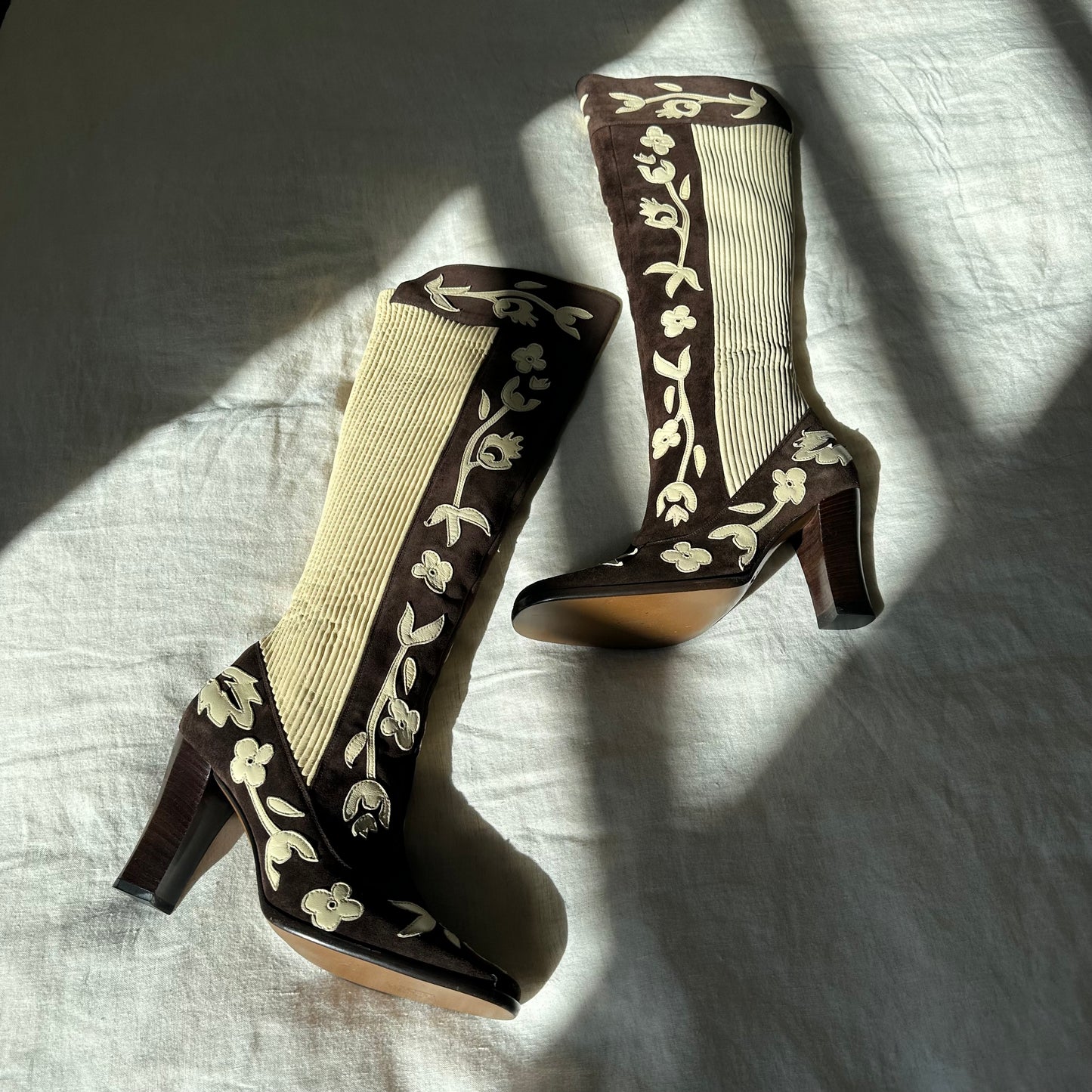Dolce & Gabbana Brown Suede & Cream Leather Floral Boots (38)