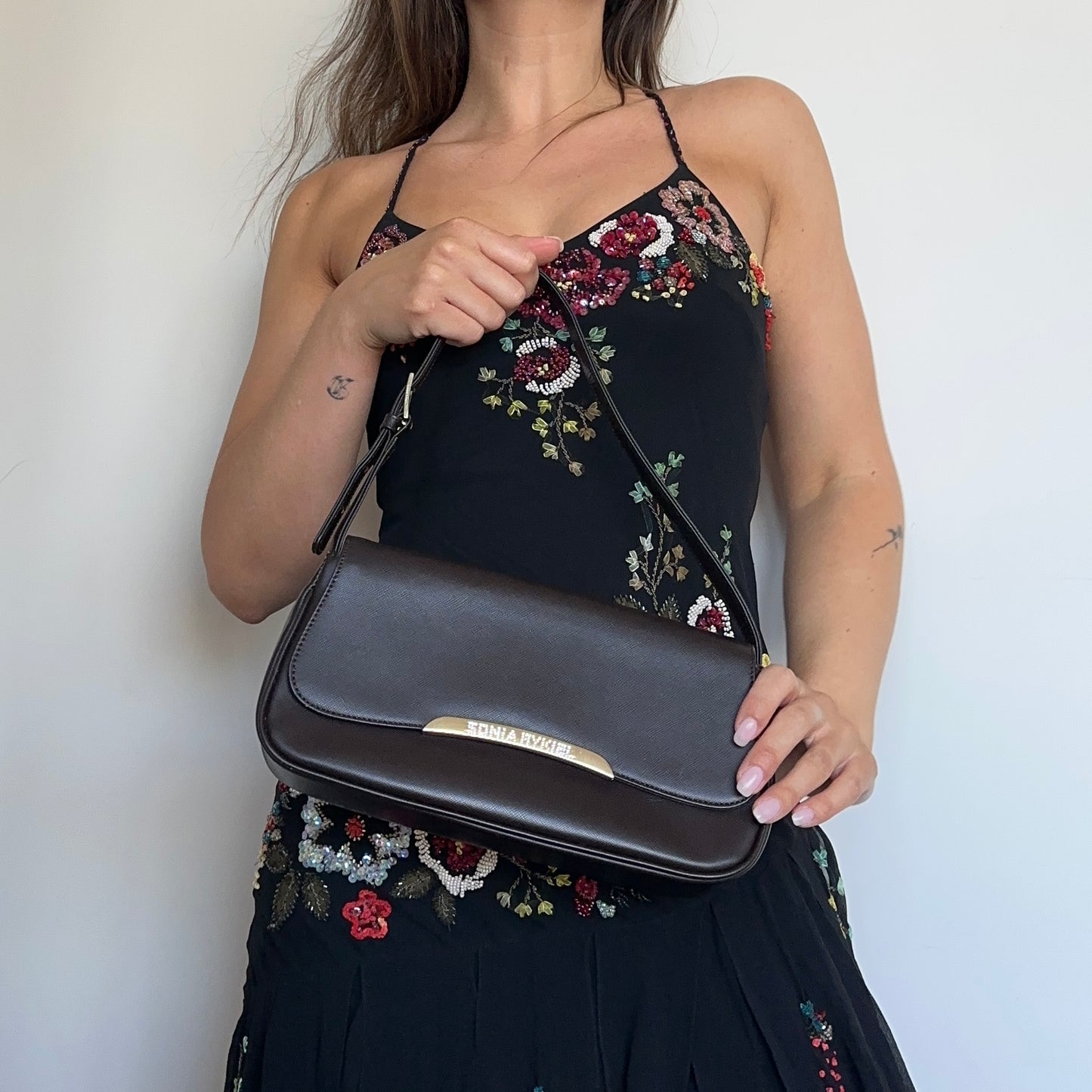 Sonia Rykiel Brown Leather Diamanté Logo Shoulder Bag