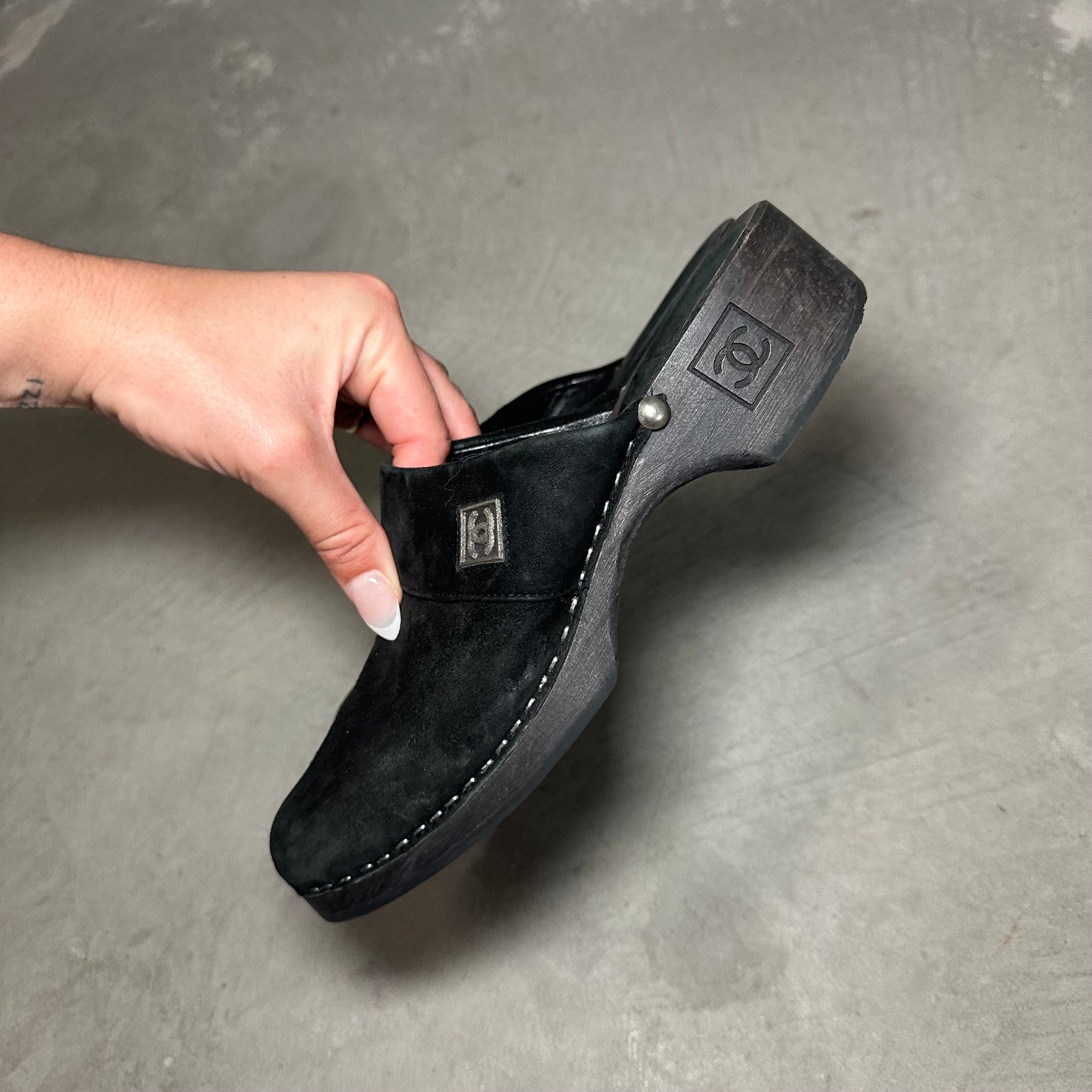 Chanel Black Suede Clogs (37)