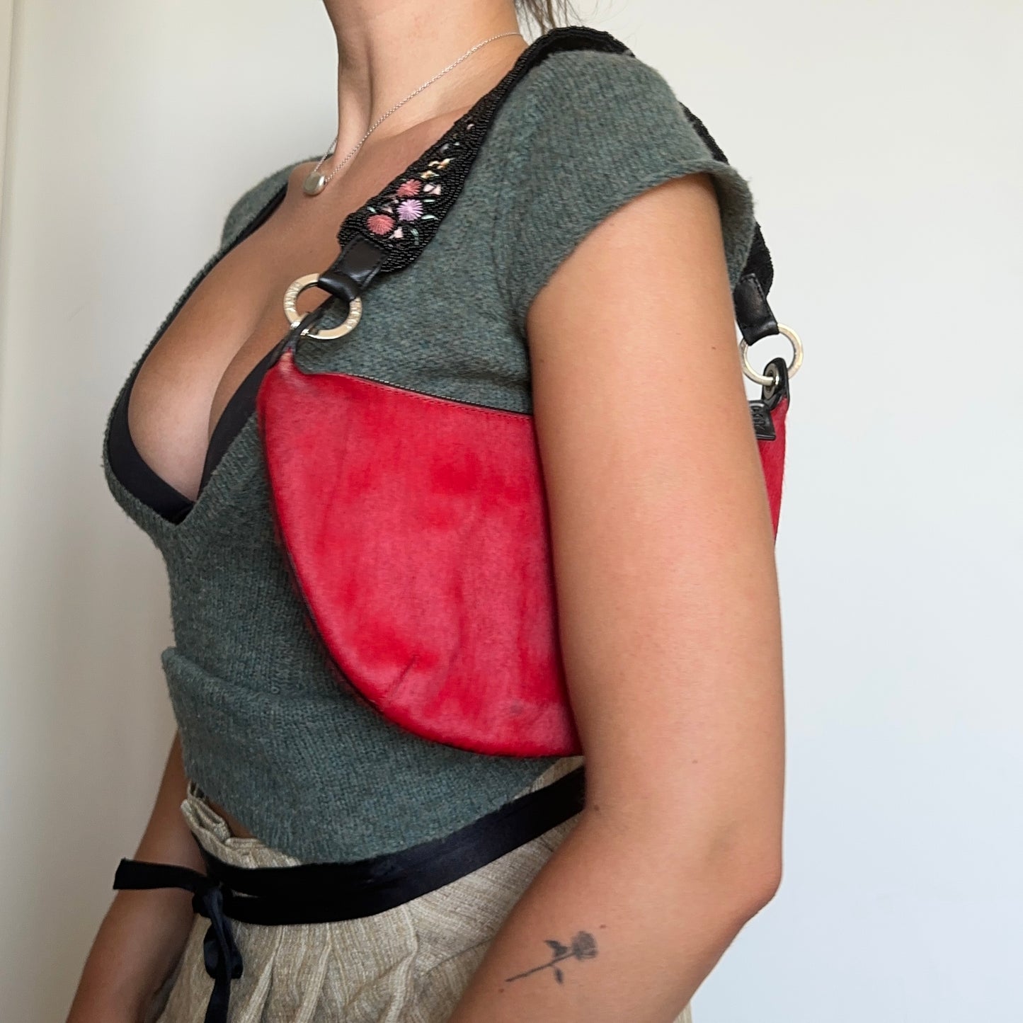 DKNY Red Cowhide Bag with Beaded Strap