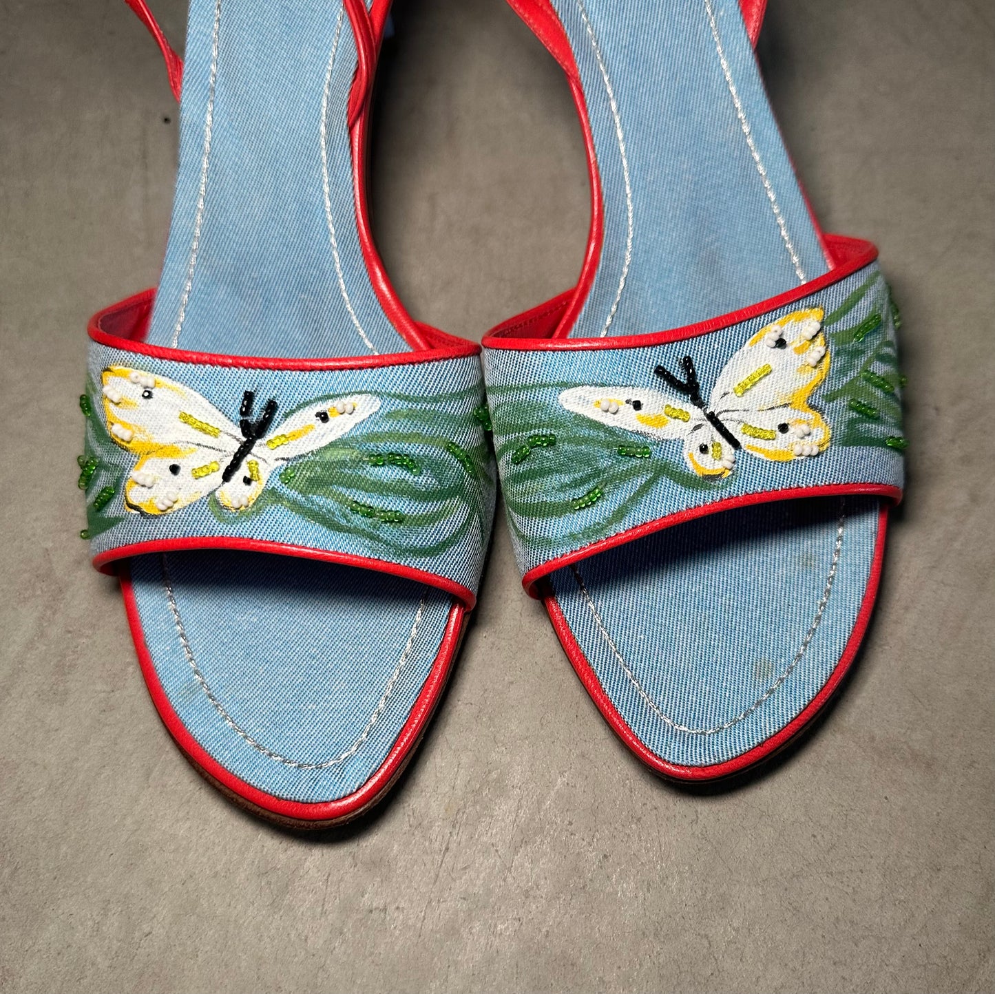 Rene Caovilla Denim Kitten Heels with Butterfly Detail (38.5)