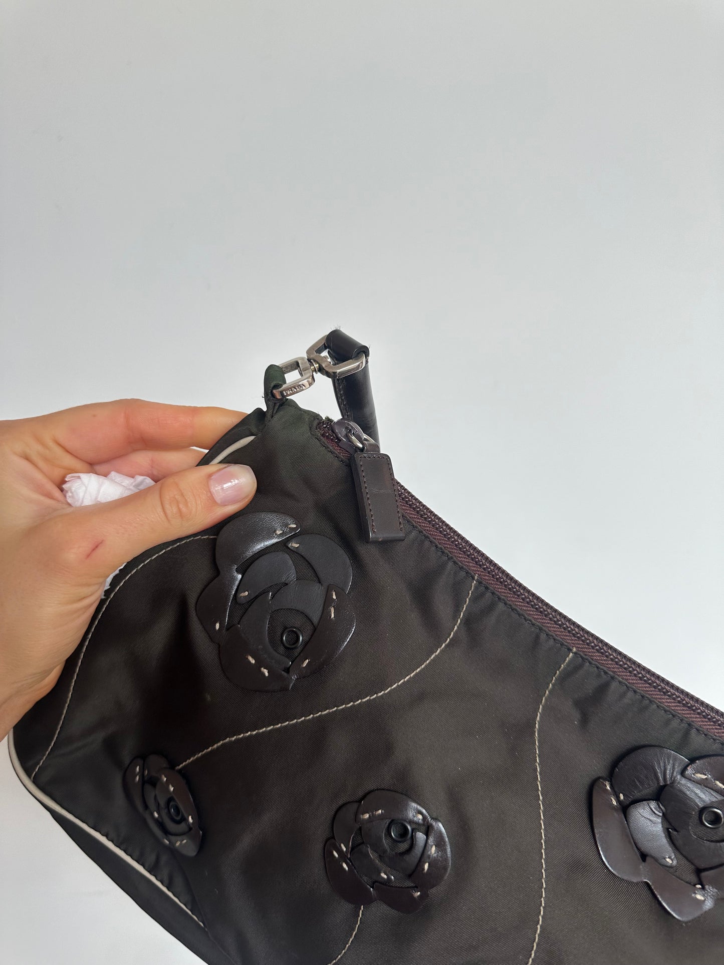 Prada Brown Nylon Floral Shoulder Bag