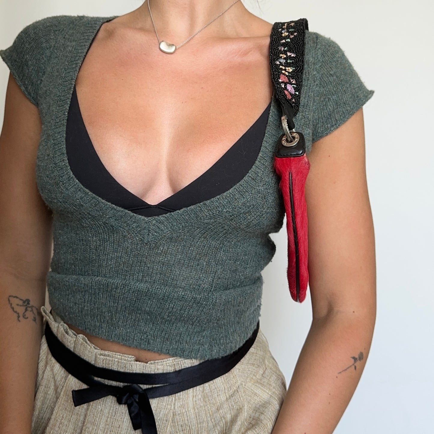 DKNY Red Cowhide Bag with Beaded Strap