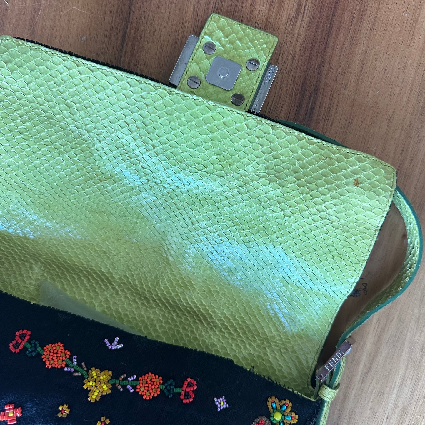 Fendi Floral Mamma Denim Beaded Baguette
