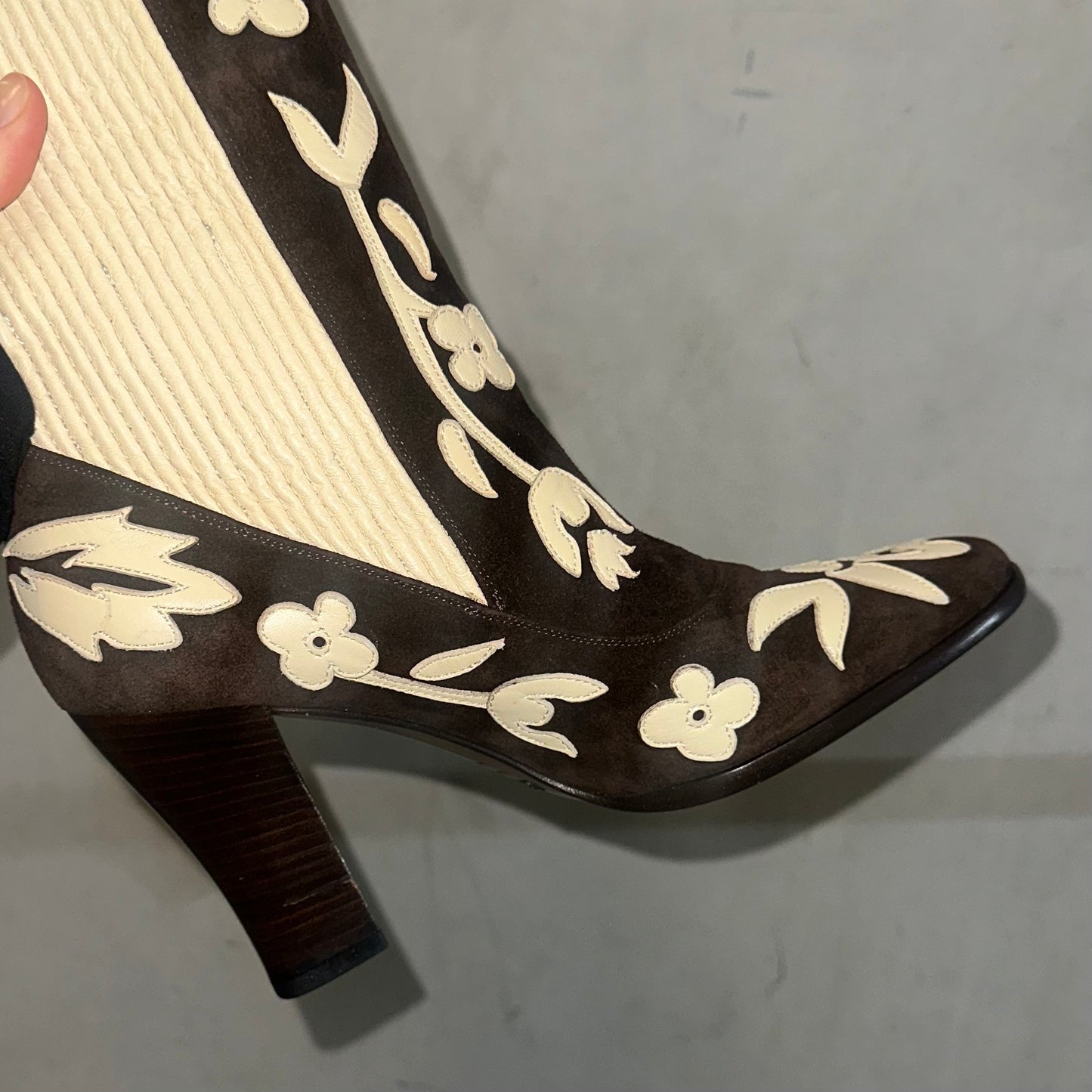 Dolce & Gabbana Brown Suede & Cream Leather Floral Boots (38)