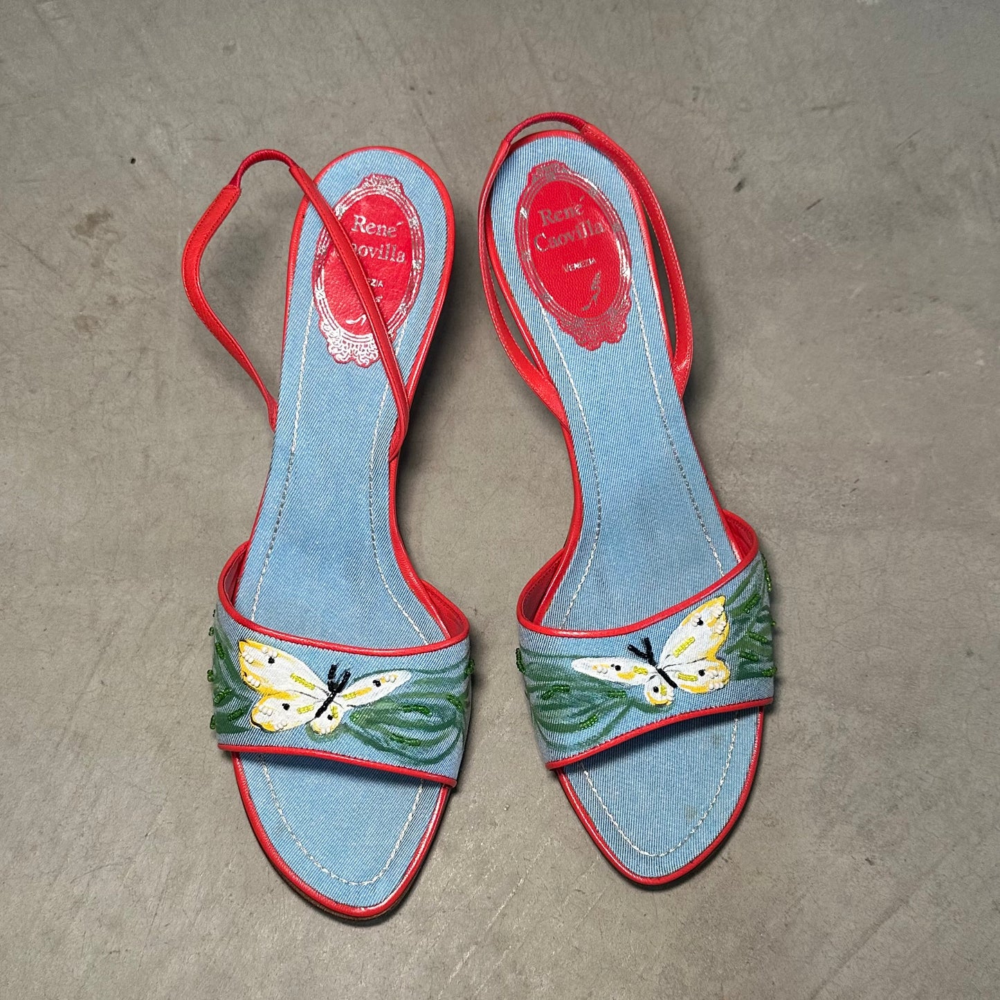 Rene Caovilla Denim Kitten Heels with Butterfly Detail (38.5)