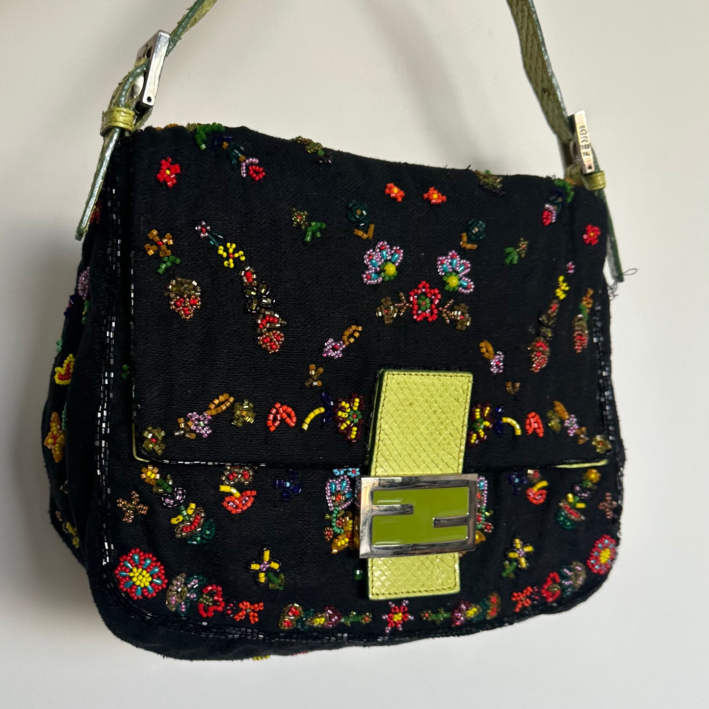 Fendi Floral Mamma Denim Beaded Baguette