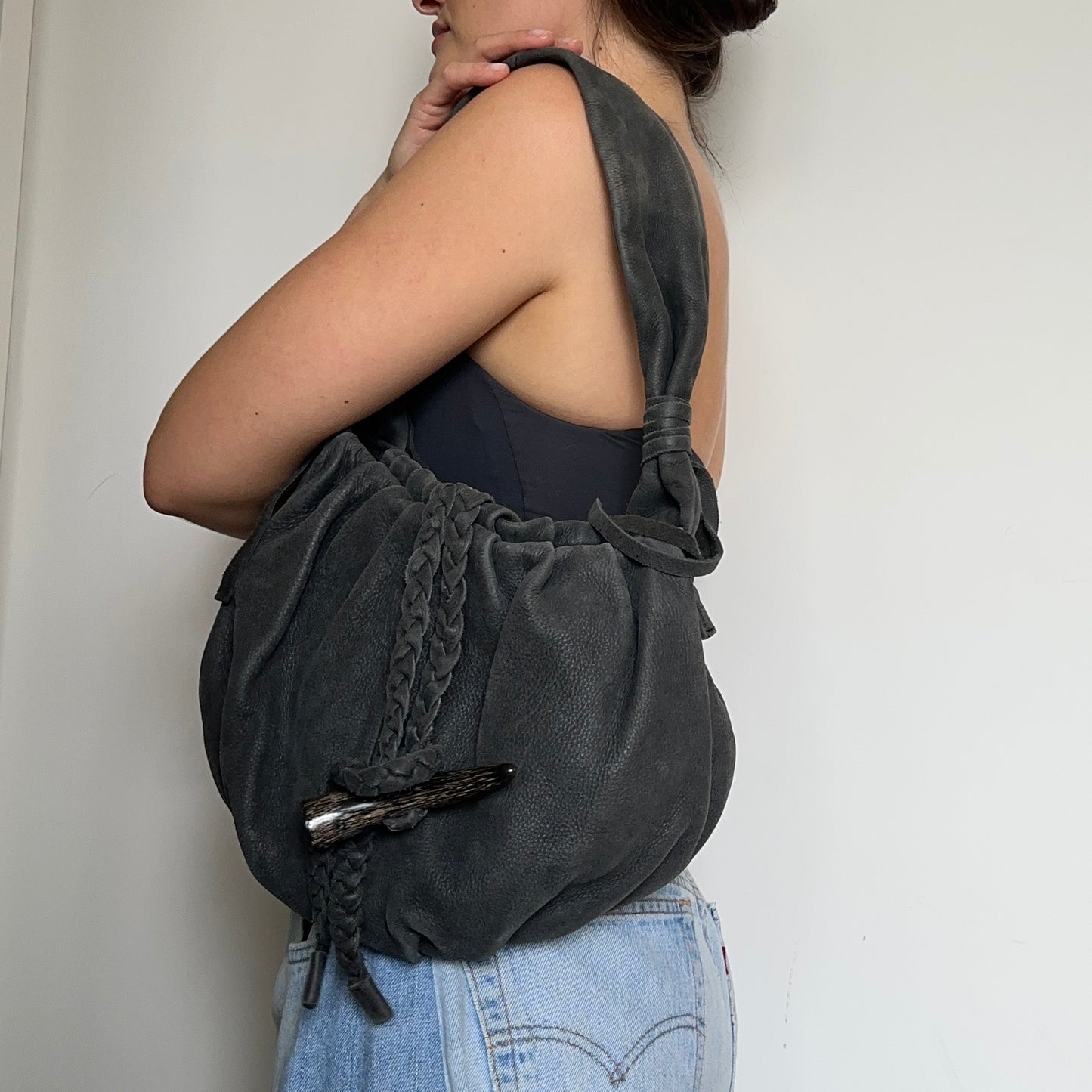 Vintage Japanese Leather Bag with Horn