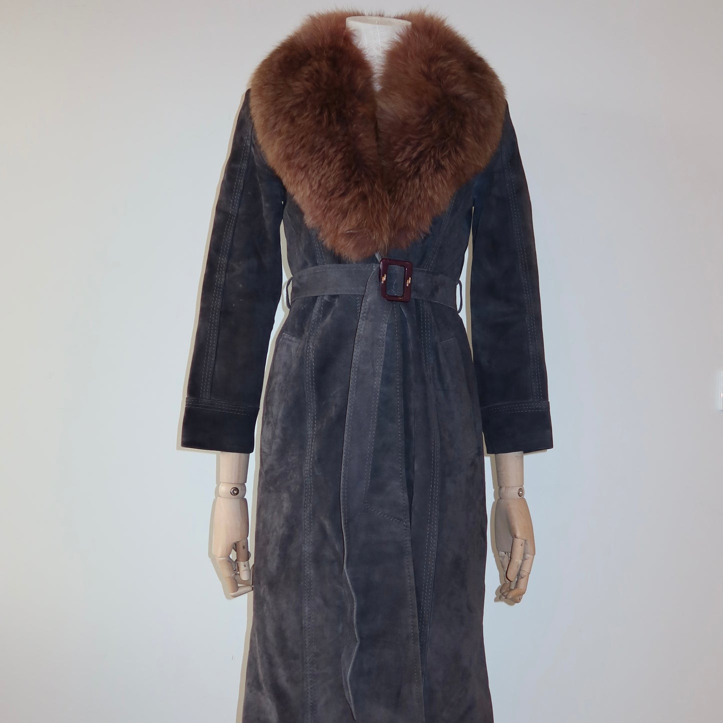 Vintage Suede Trench with Real Fur Collar