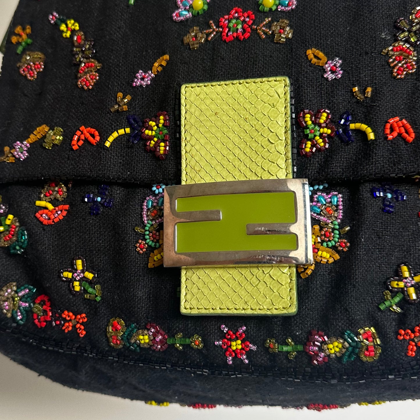 Fendi Floral Mamma Denim Beaded Baguette