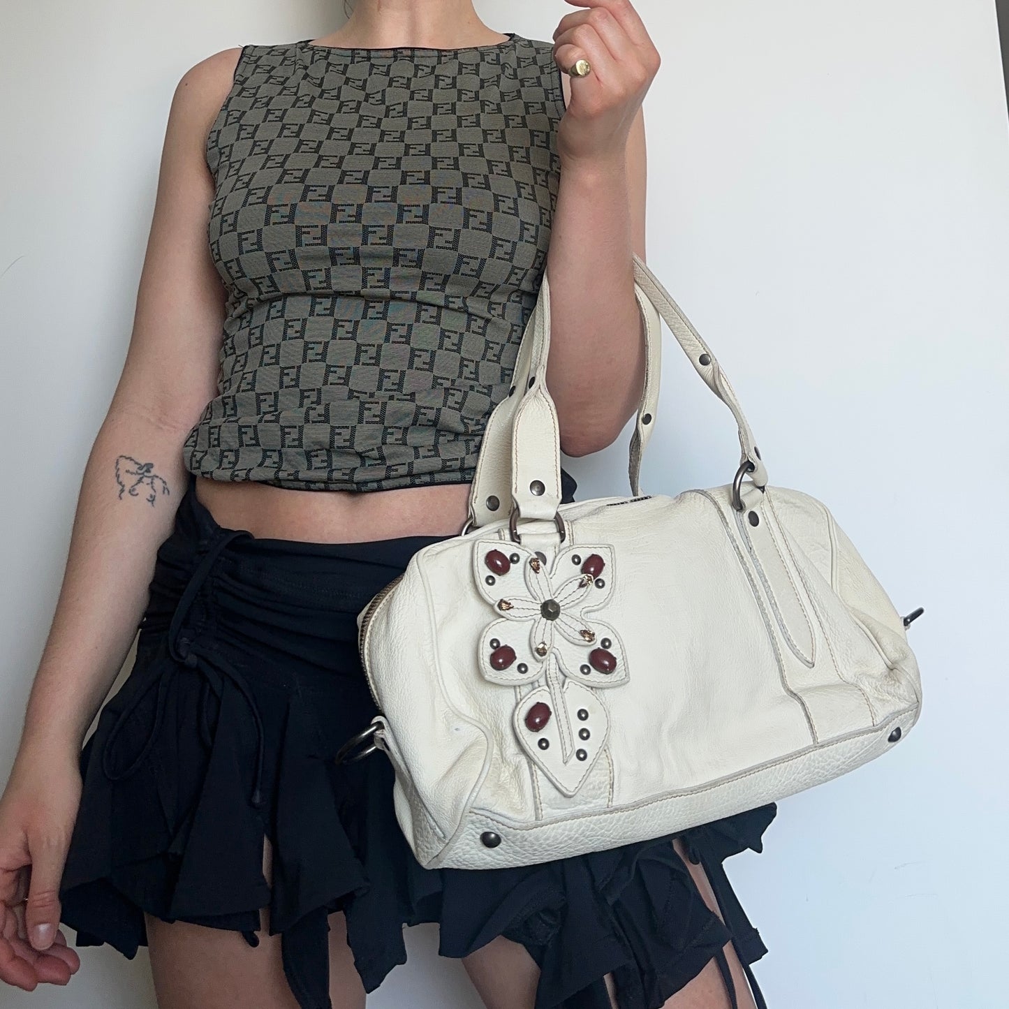 Miu Miu White Leather Bag with 3D Embellished Flower Appliqué
