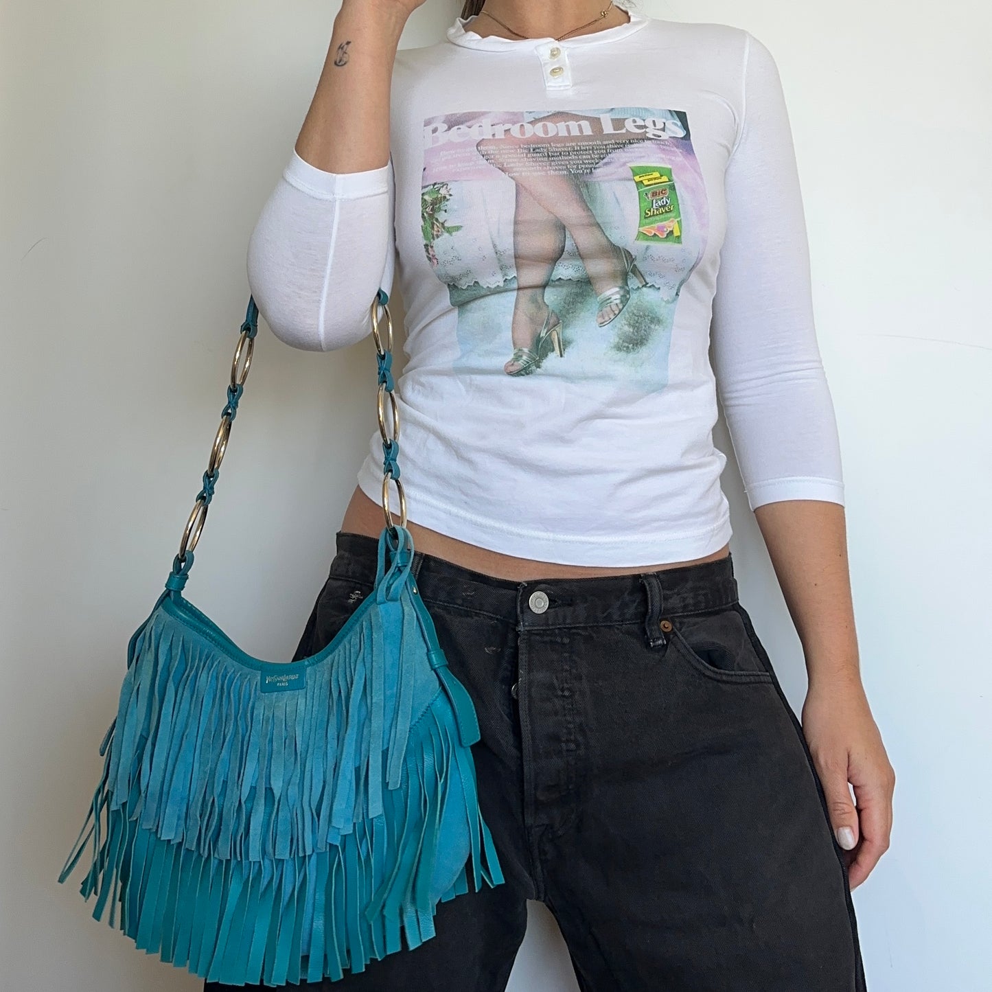 YSL Blue Suede Fringe Bag