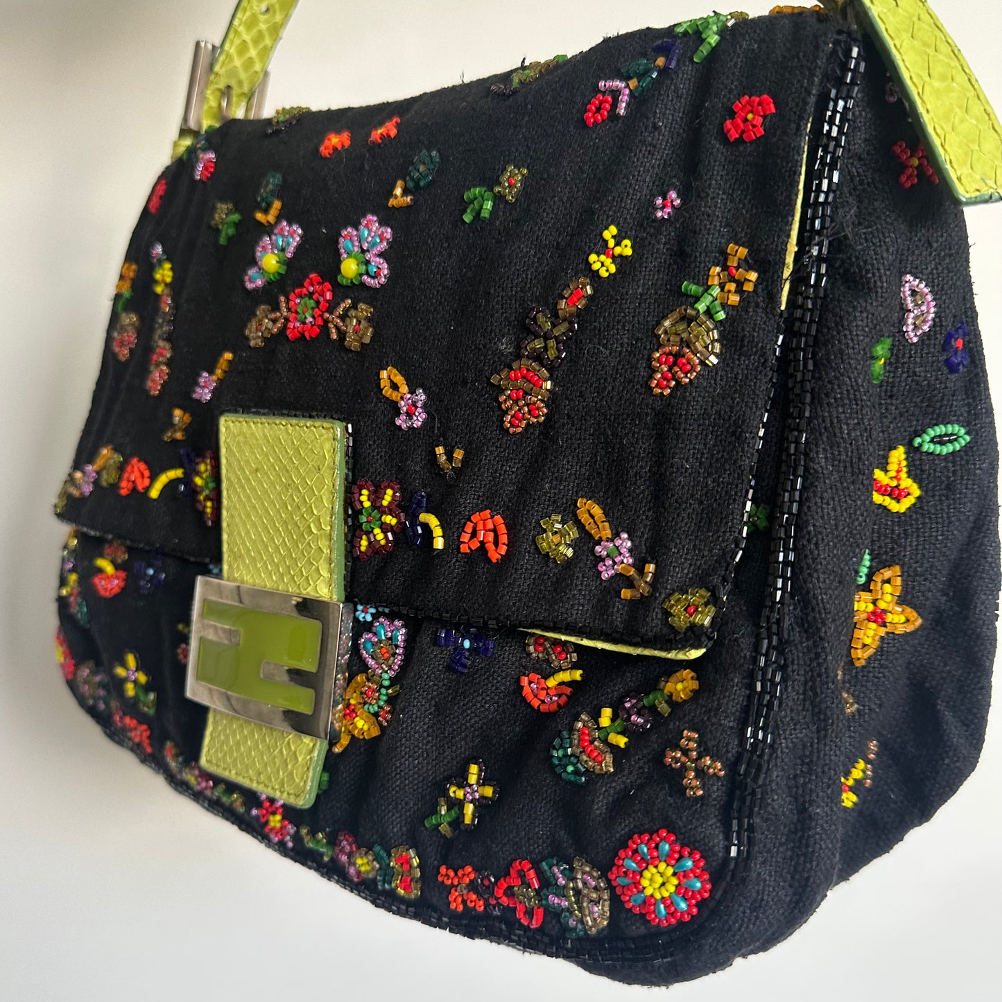Fendi Floral Mamma Denim Beaded Baguette