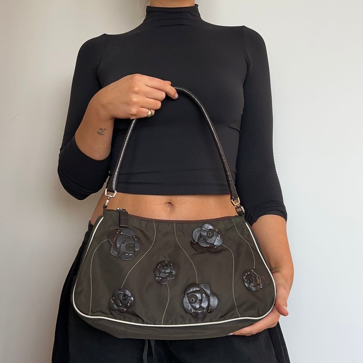 Prada Brown Nylon Floral Shoulder Bag