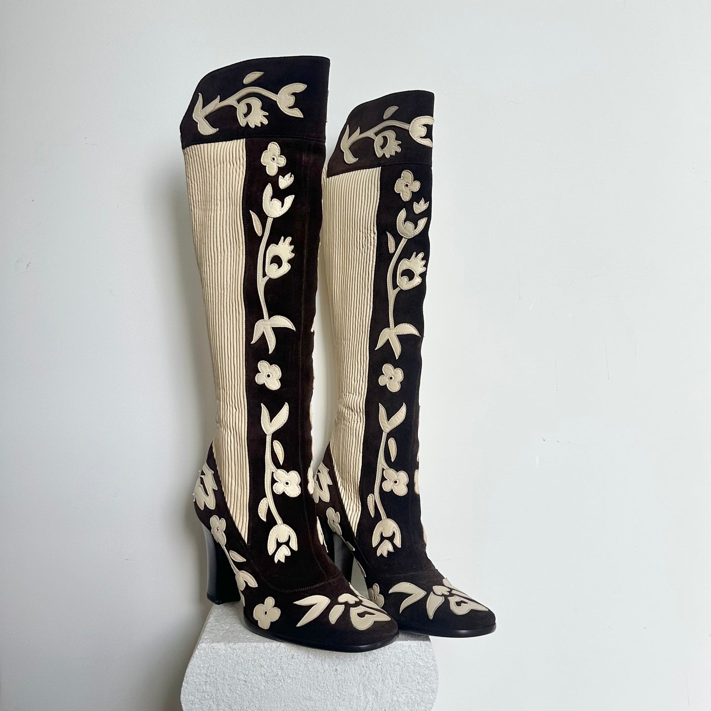 Dolce & Gabbana Brown Suede & Cream Leather Floral Boots (38)