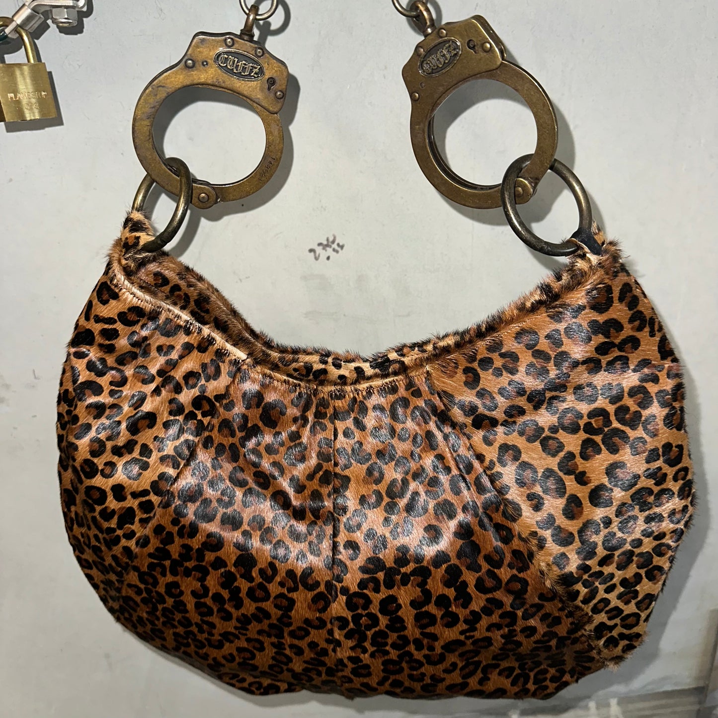 Cuffz Rare Leopard Print Pony Hair Double Cuff Bag