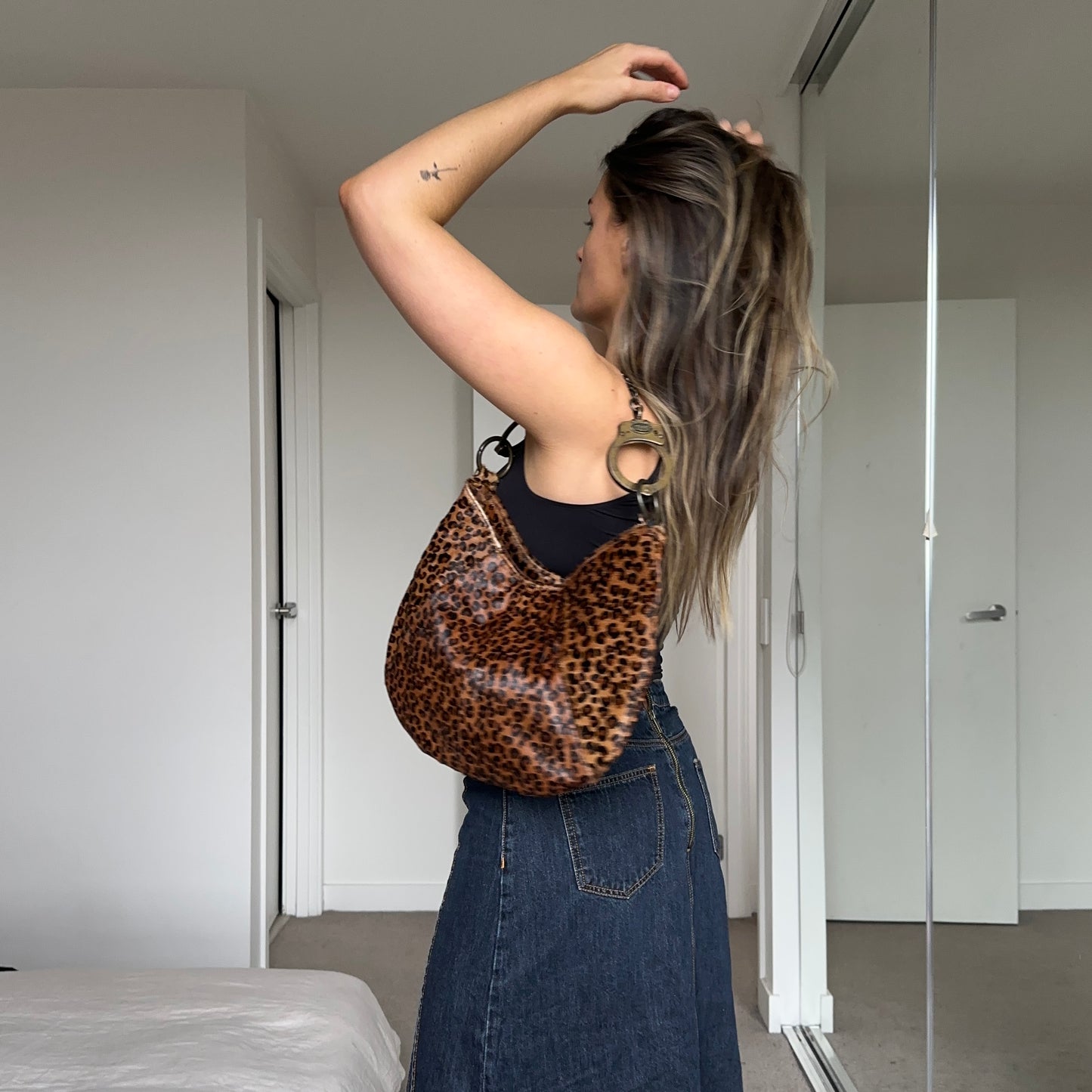 Cuffz Rare Leopard Print Pony Hair Double Cuff Bag