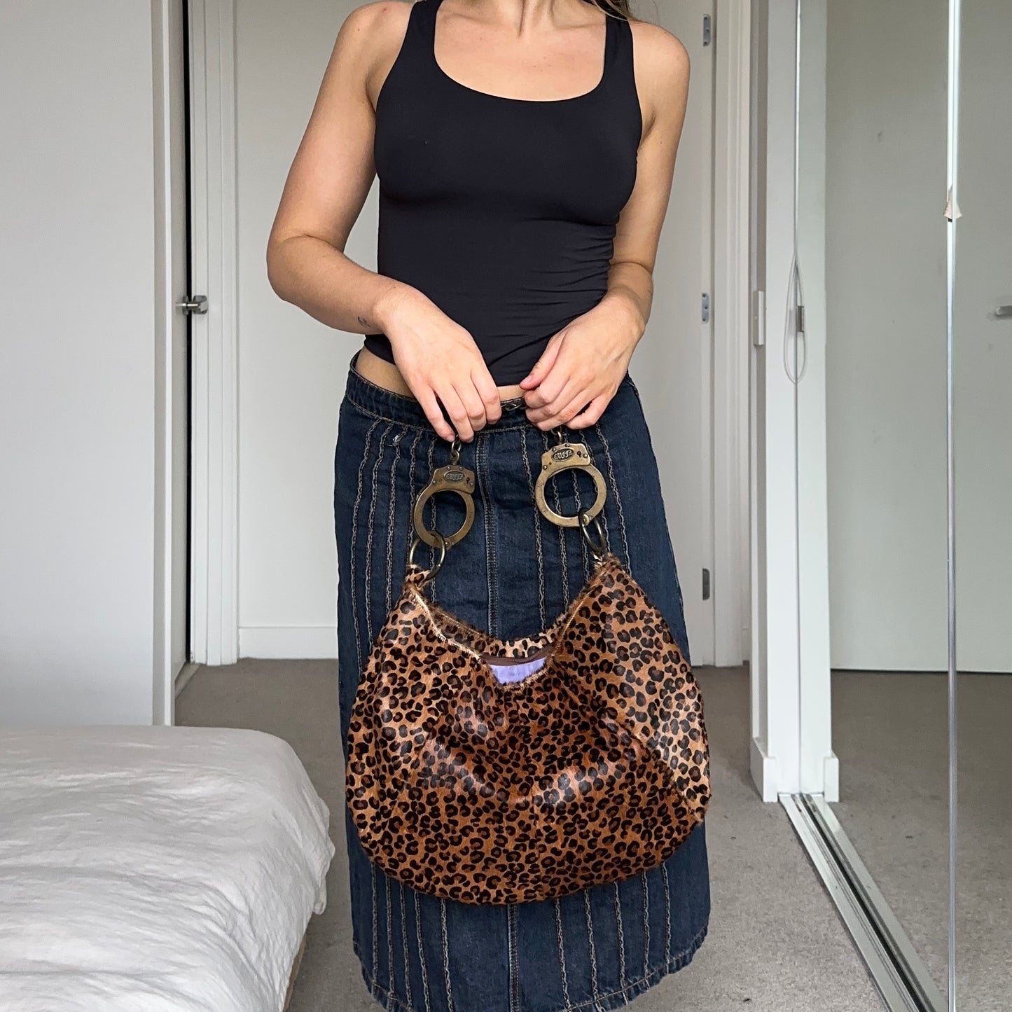 Cuffz Rare Leopard Print Pony Hair Double Cuff Bag