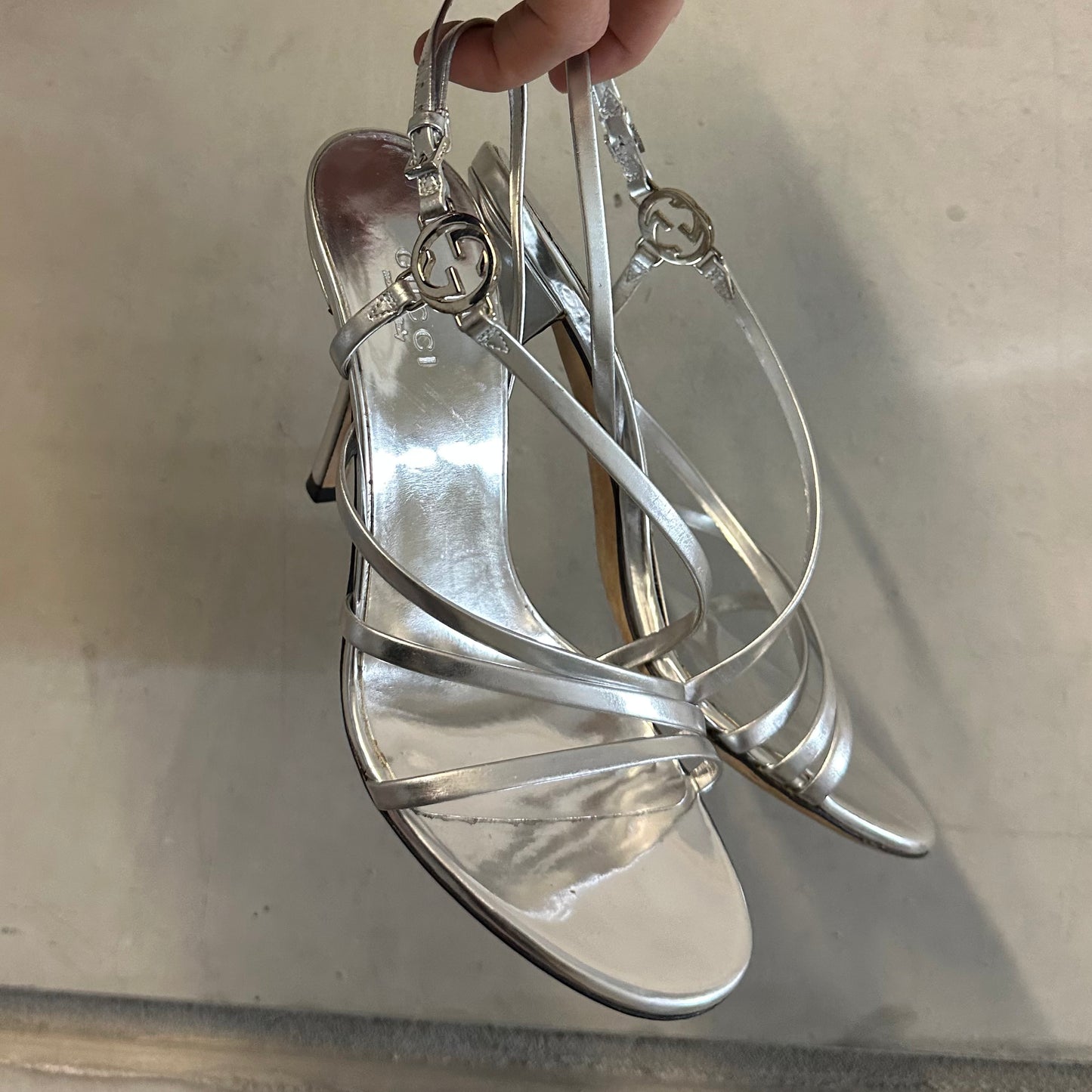 Gucci by Tom Ford Silver Strappy Logo Heels (35)