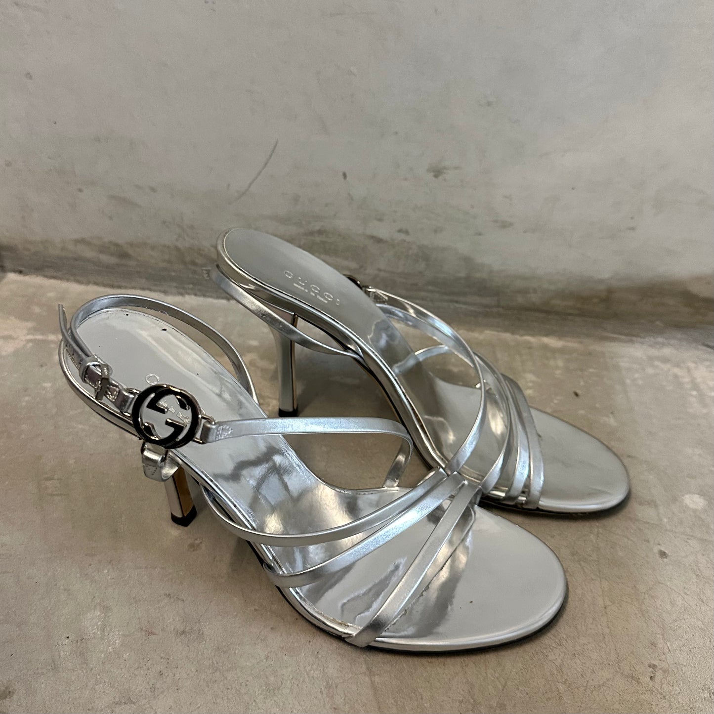 Gucci by Tom Ford Silver Strappy Logo Heels (35)