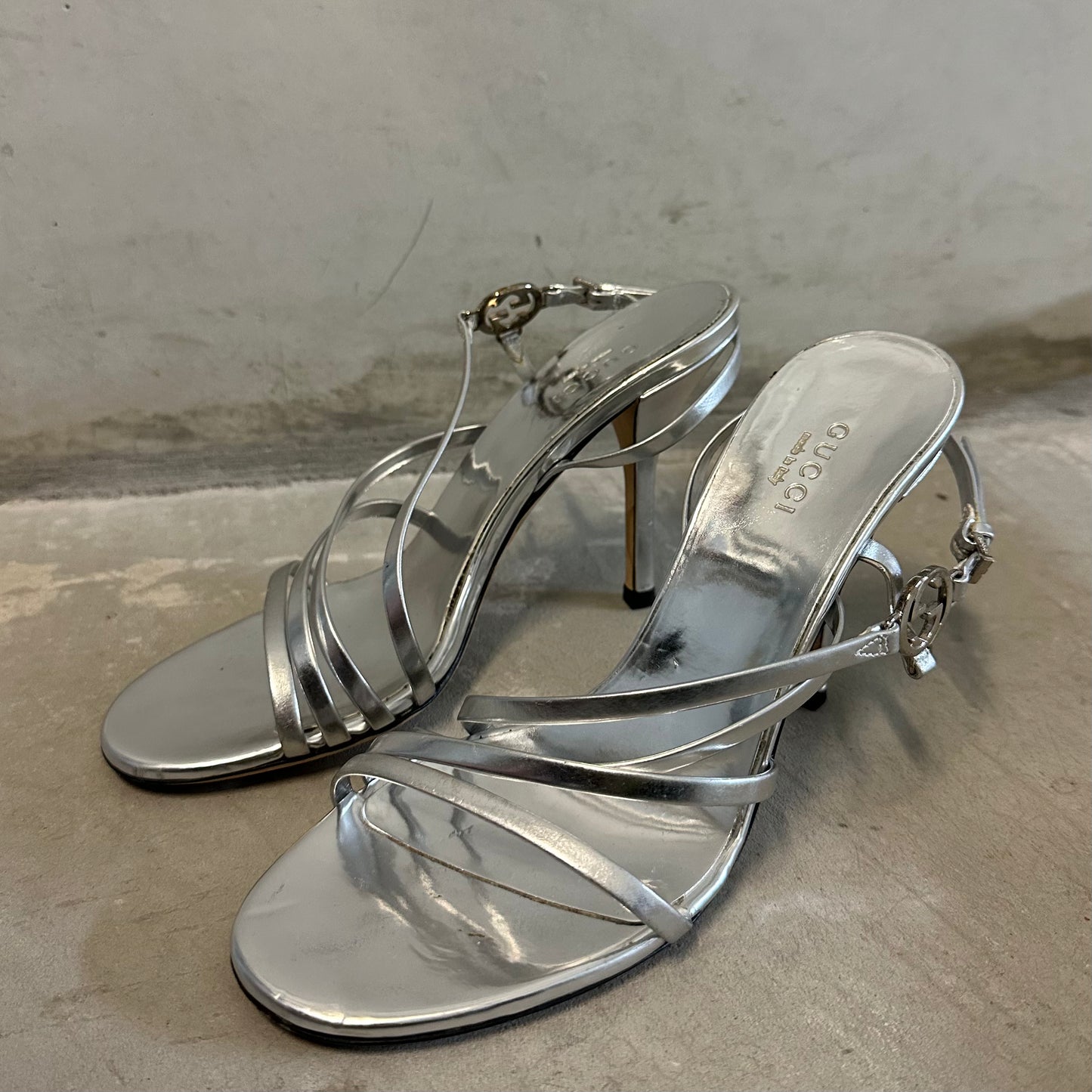 Gucci by Tom Ford Silver Strappy Logo Heels (35)
