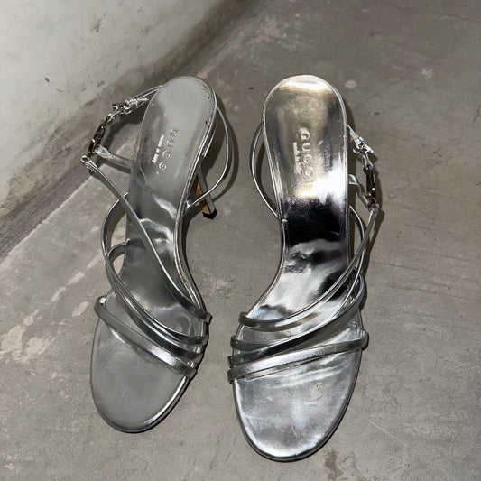 Gucci by Tom Ford Silver Strappy Logo Heels (35)