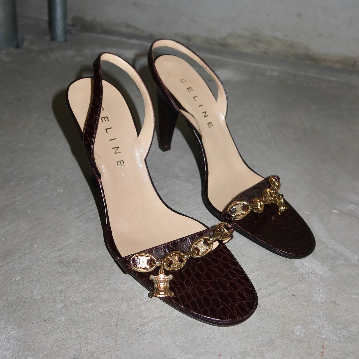 Celine Croc Print Leather Heels with Gold Charm Hardware (38)