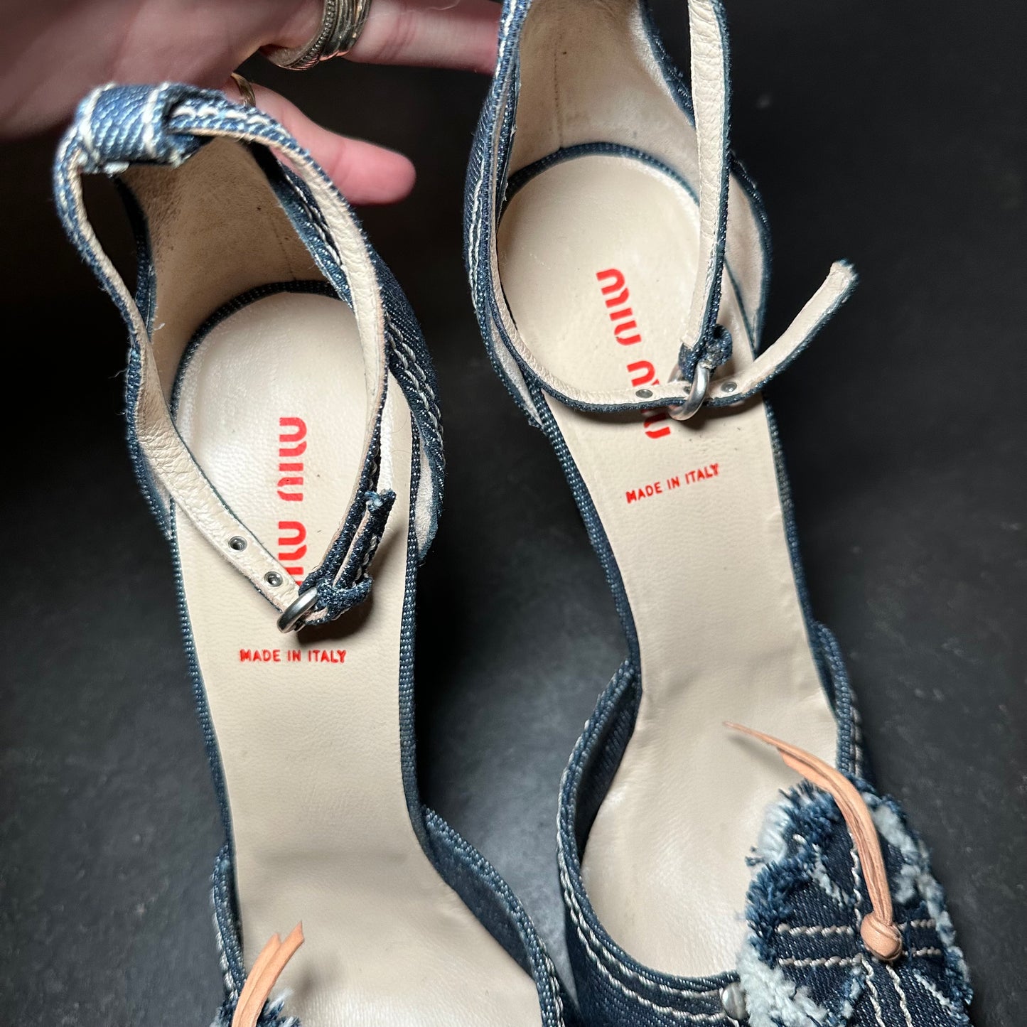 Miu Miu Rare Denim Heels with Floral Appliqué (40)