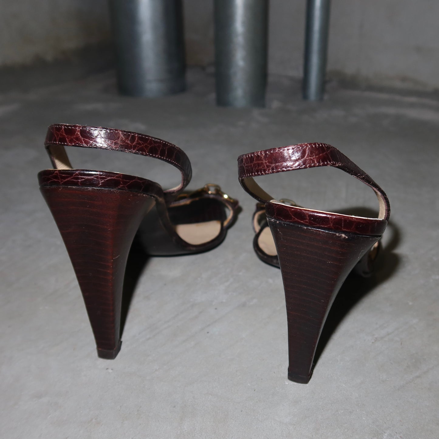 Celine Croc Print Leather Heels with Gold Charm Hardware (38)