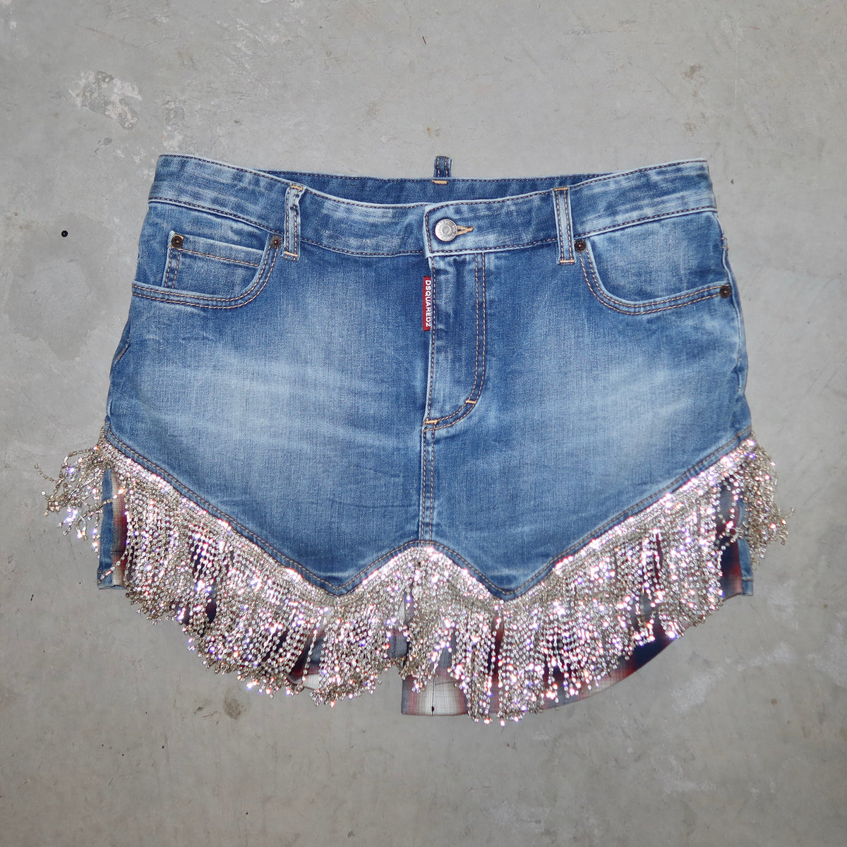 DSquared2 Rhinestone Fringe Denim Skirt