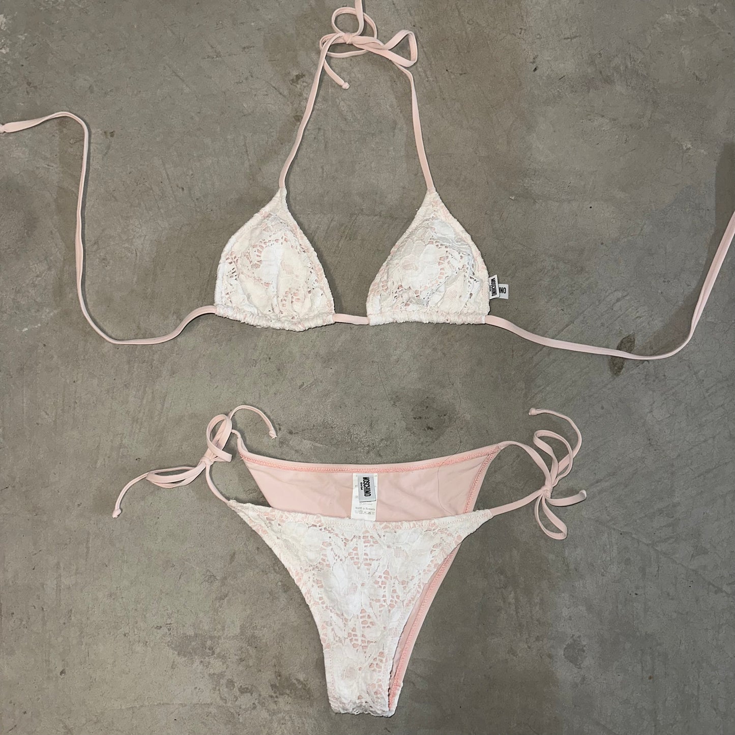 Moschino Baby Pink Bikini with White Lace Overlay