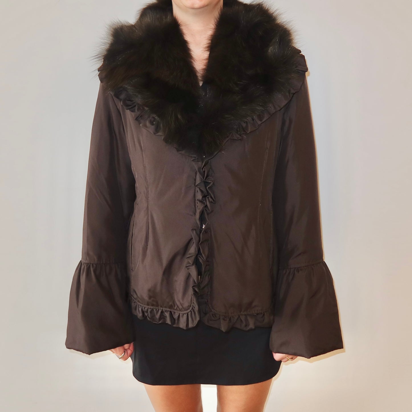 Balmain Brown Nylon and Fur Coat