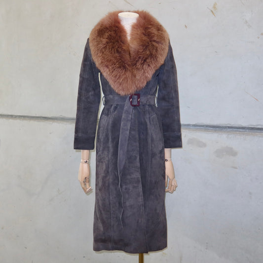 Vintage Suede Trench with Real Fur Collar