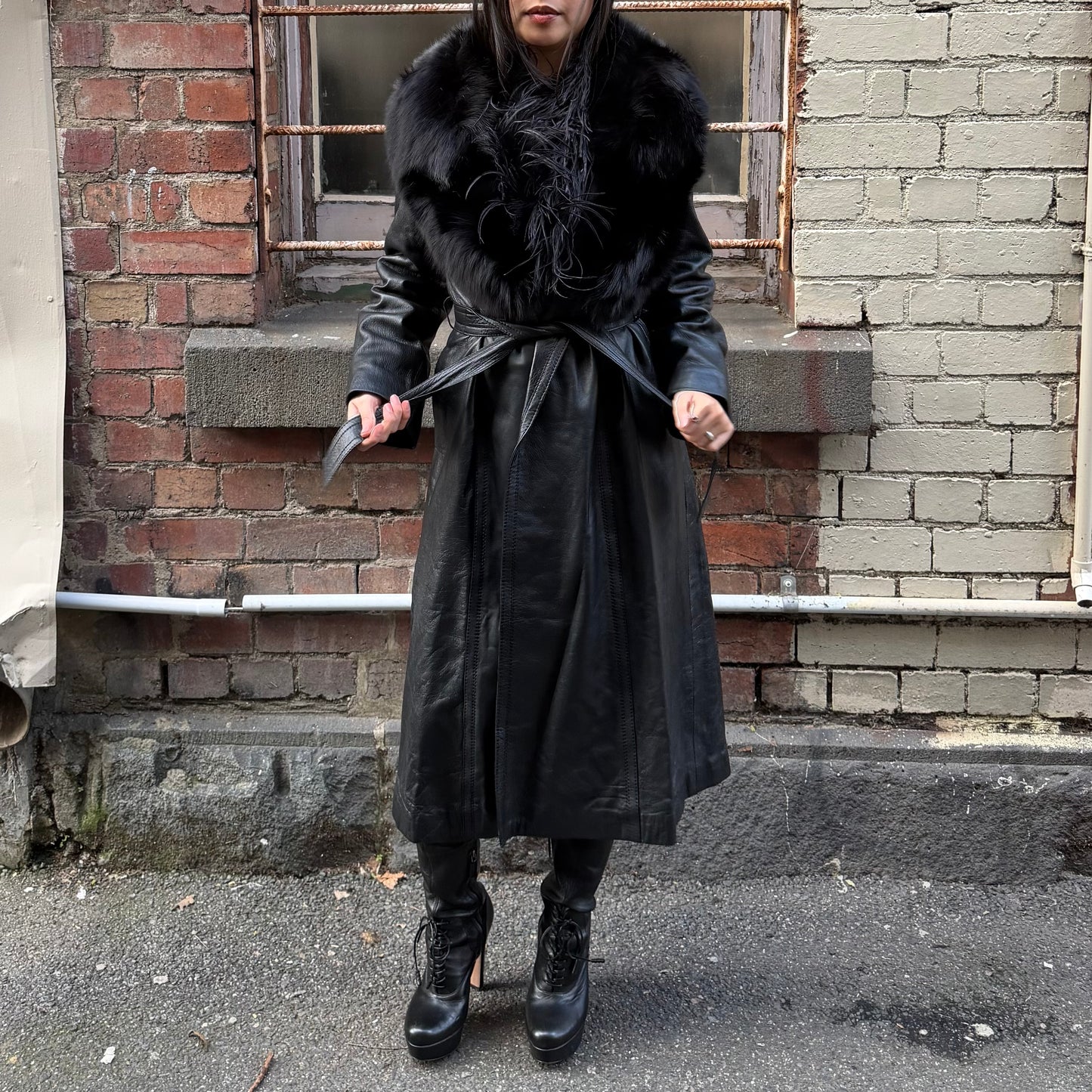 Vintage Leather Trench with Real Fur Collar