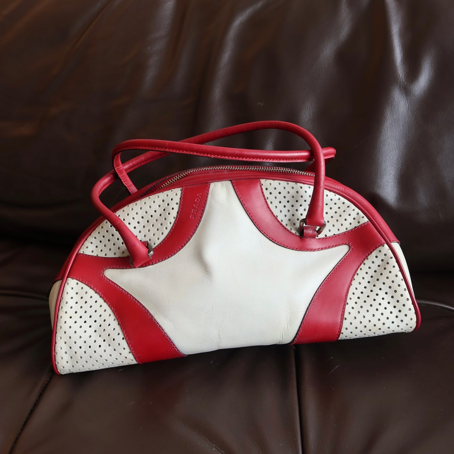 Prada Red and White Bowling Bag