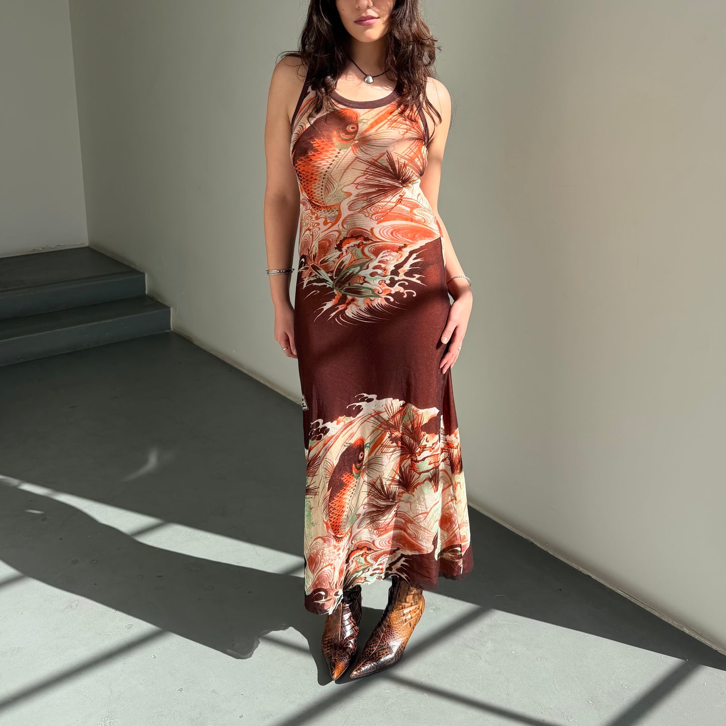 knee length dresses for ladies Jean Paul Gaultier Soleil Koi Fish Mesh Dress – Guzzi Archive