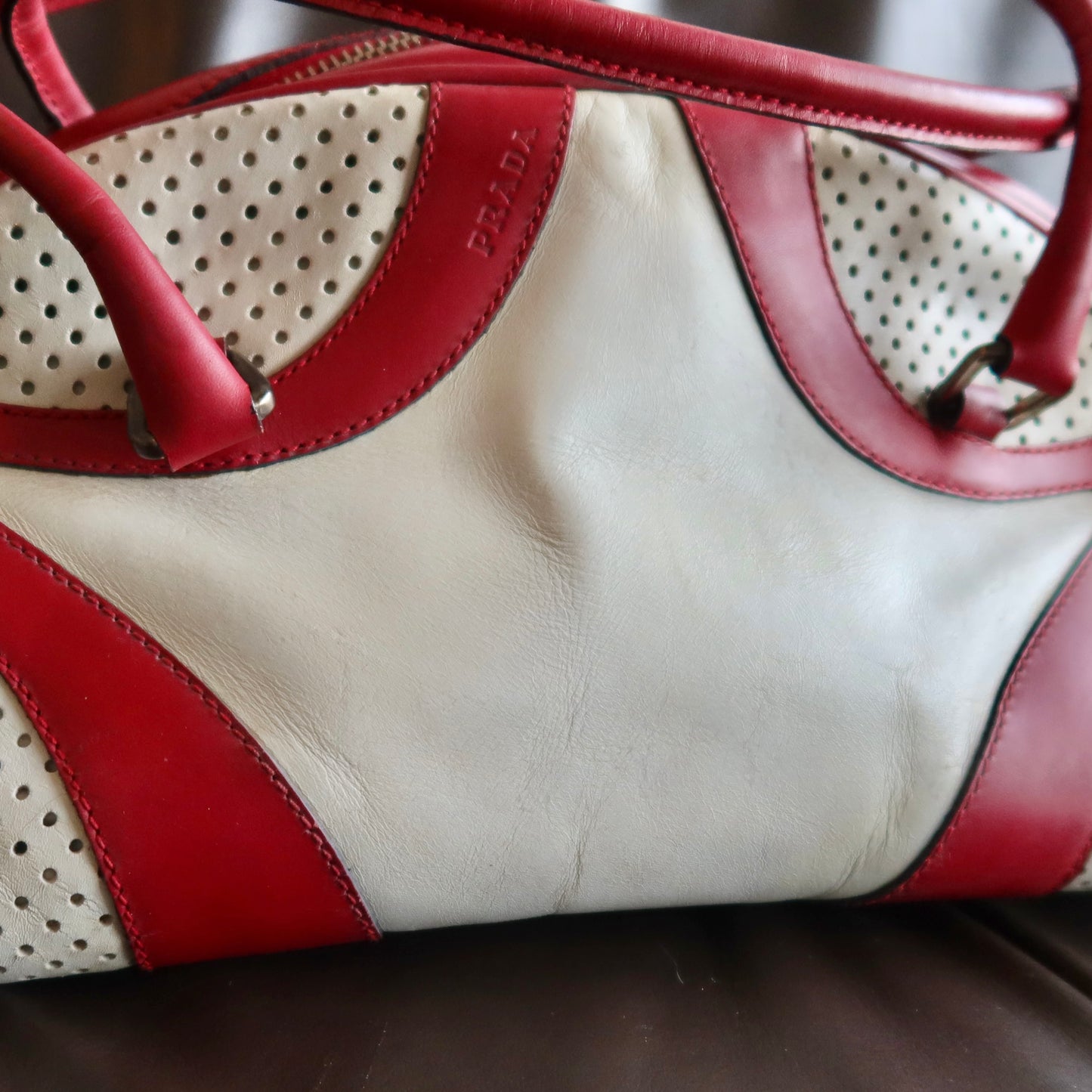 Prada Red and White Bowling Bag