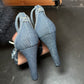 Miu Miu Rare Denim Heels with Floral Appliqué (40)