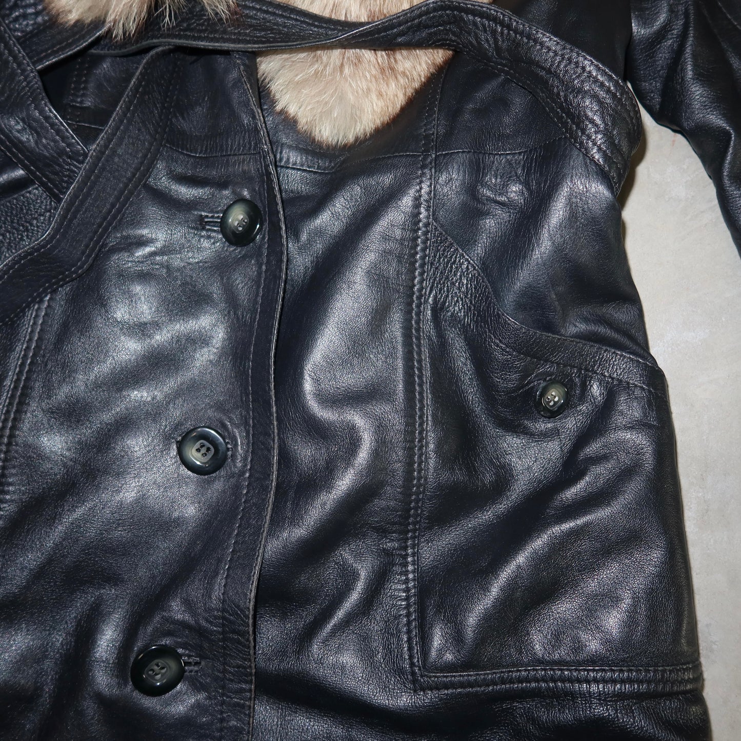 Vintage Black Leather Trench with Fur Collar